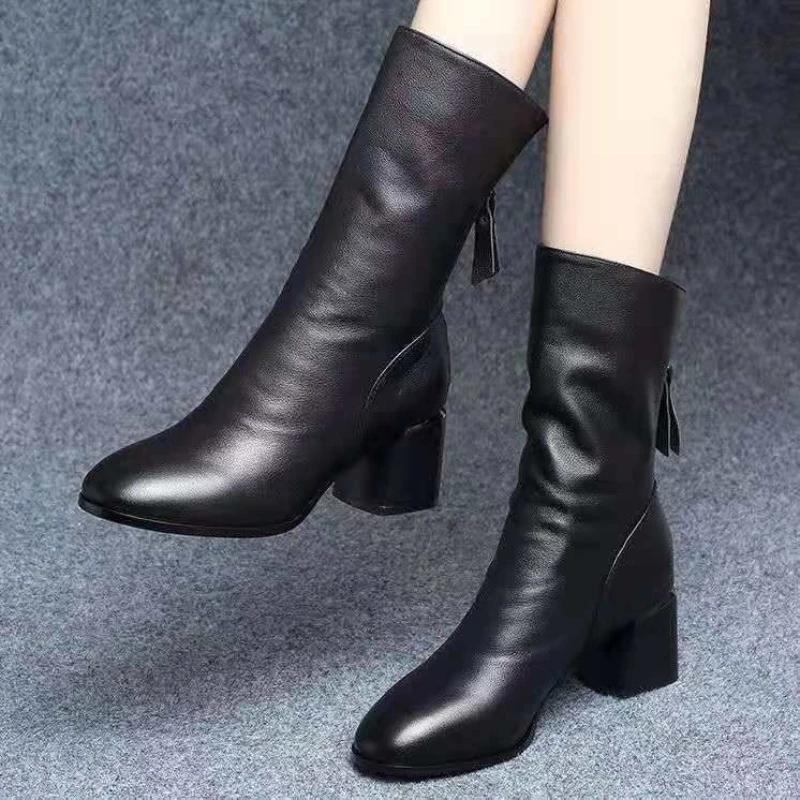 Fashion Leather Middle Heel Mid Calf Shoes Woman Winter 2025 Novelty Trend Demi-season Chic and Elegant Sale Half High Boots for Women