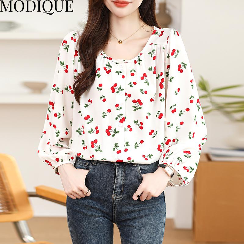 MODIQUE весна лето большие размеры женские свободные повседневные элегантные хлопковые льняные шифоновые блузки с цветочным принтом рубашки женские базовые с круглым вырезом пальто с пышными рукавами