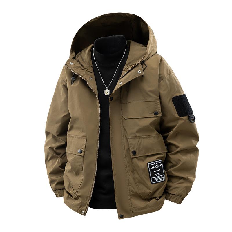 Однотонная куртка Мужская Весна и Осень Свободная Модная Рабочая одежда Уличная Водонепроницаемая Повседневная Куртка с капюшоном Куртка