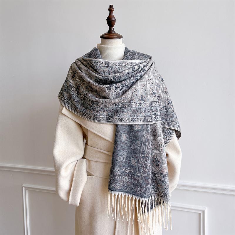 Autumn Winter Luxury Women Scarves 180*65Cm Men Thick Warm Scarf Flower Pattern Tassel Shawl Cashmere Imitation Poncho Stole