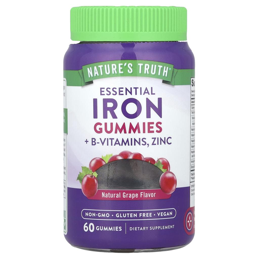Nature's Truth Essential Iron + Vitamin B Complex, Zinc Gummies, Natural Grape Flavor, 60 Gummies