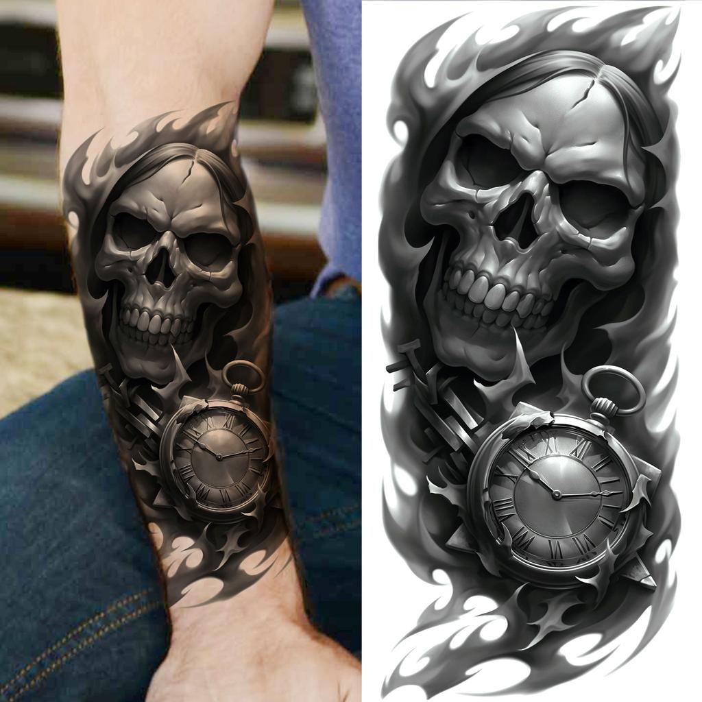 1 Sheet Scary Grim Reaper Skull Temporary Tattoos Halloween Tatoos Long Lasting Waterproof Tiger Wolf Beast Fake Tattoo Stickers