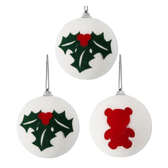 Christmas Ball Ornaments White Foam Balls With Leaf/Bear Pattern Xmas