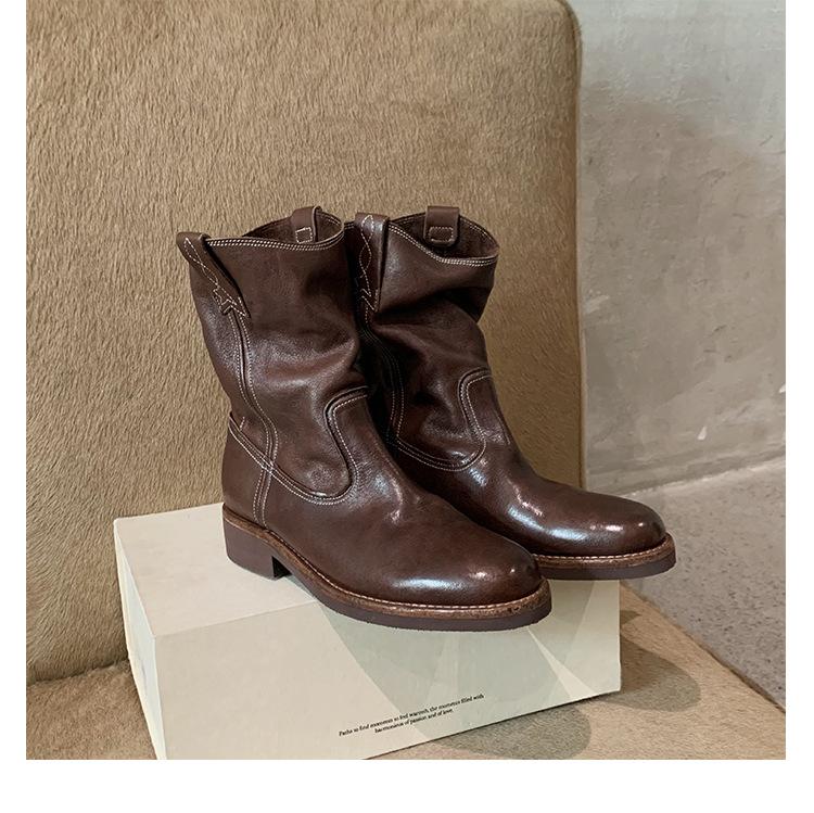 Найди второй волосок! Виноградная мать та же обувь лошадиная кожа заостренный круглый носок V-образный вырез локомотивный толстый каблук западные ковбойские короткие ботинки осень и зима