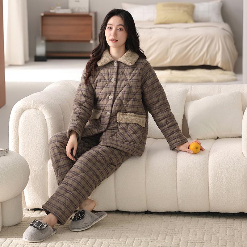 Тканая пижама из чистого хлопка с подкладкой, женская зимняя трехслойная утолщенная и бархатная зимняя домашняя одежда, теплый костюм
