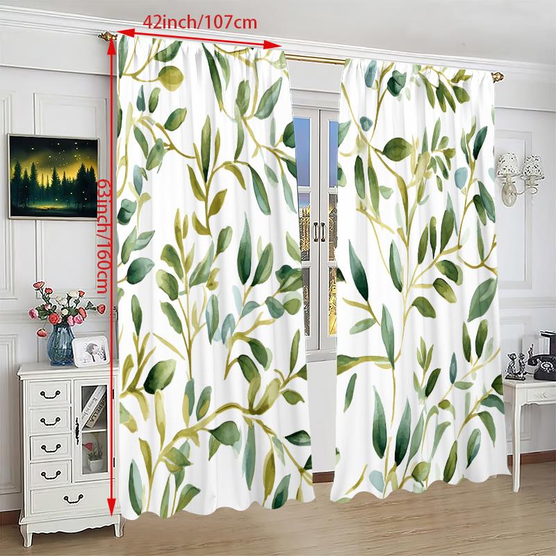2 шт. - занавеска с принтом зеленых листьев, 100% полиэстер, полупрозрачный материал, подходит для штор в спальне и украшения гостиной.