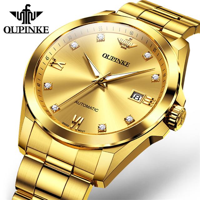 OUPINKE Swiss Mechanical Movement Watch Luxury Real Diamond Watches For Man 50M Waterproof Calendar Man Hand Clock 3199
