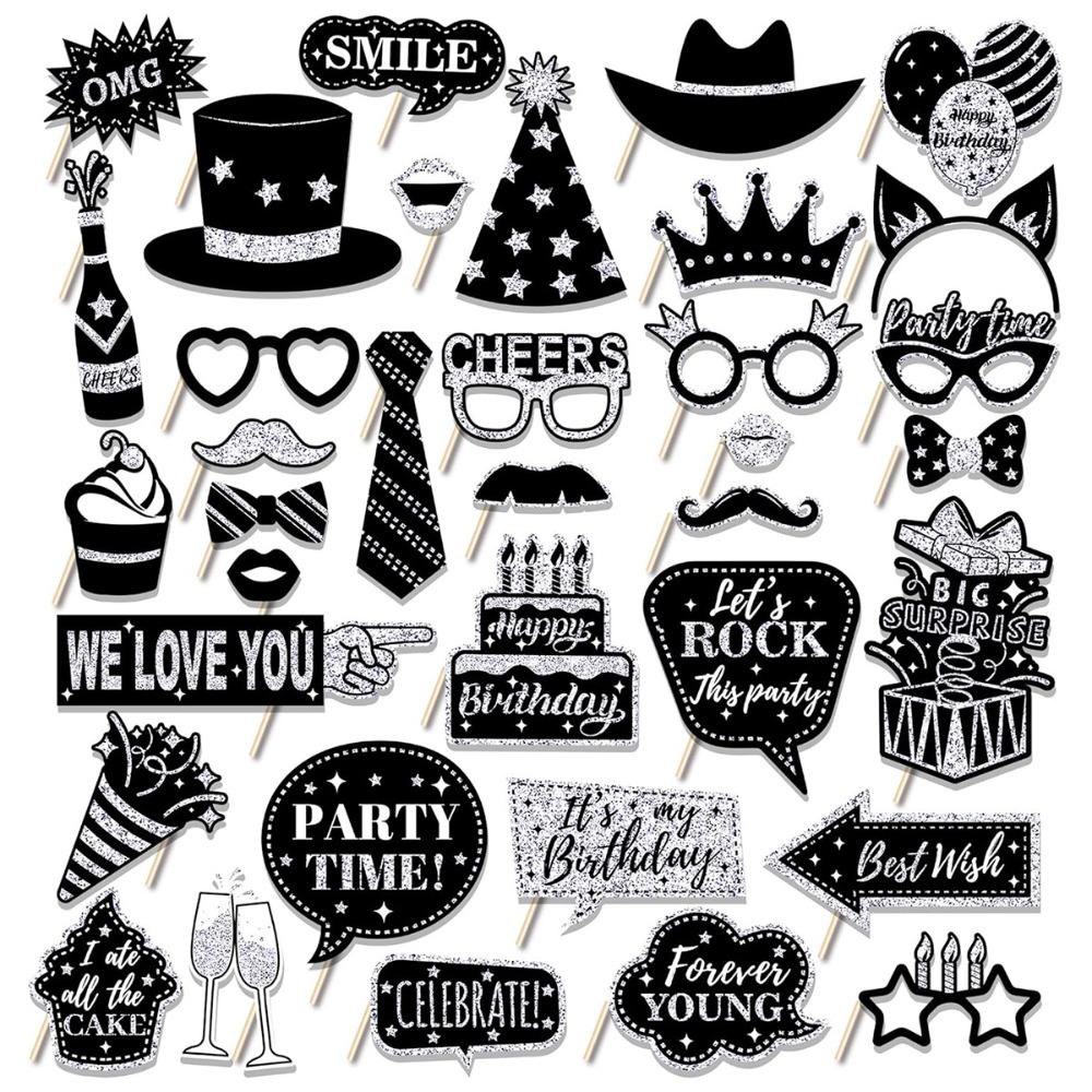 36pcs Black Gold Photo Booth Props Paper Dress Up Costume Mask Holiday Ball Decor
