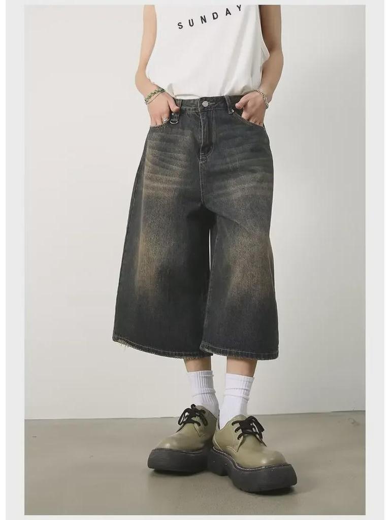 Мужские потертые ретро-рваные джинсовые шорты с широкими штанинами 7-Point