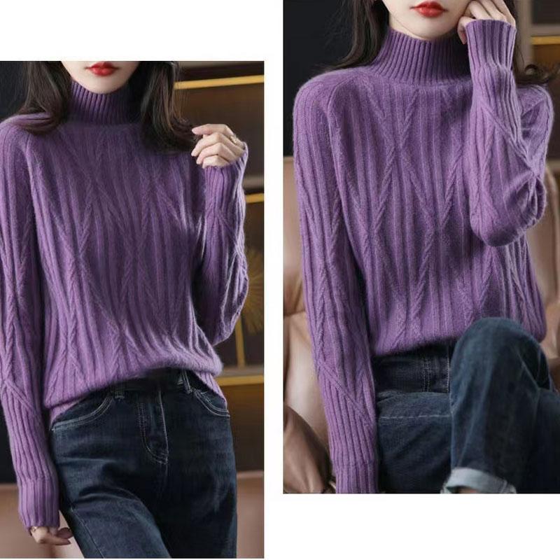 Осень 2022, женский свитер, шерстяной вязаный пуловер, базовые модные топы, футболки, водолазка с длинным рукавом, повседневная фиолетовая