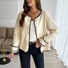 2025 New Autumn and Winter Casual Contrasting Cardigan for Women Loose Fleece Round Neck Jacket