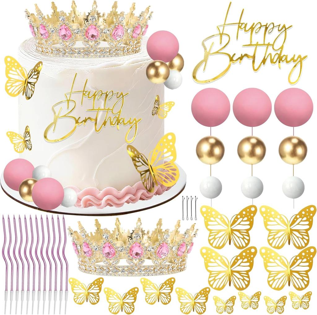 Корона Топпер для Торта, Шарики С Днем Рождения Топпер для Торта Корона Свечи на День Рождения Золотые Бабочки, Корона Para Pastel, Украшение для Торта