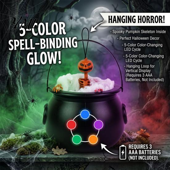Five Color Gradient Lights Halloween Cauldron Light, Changing Glowing Pumpkin Skull Hanging Tabletop Decorations Decor, Spooky Yard Prop for