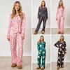 2 Pcs/Set Women Christmas Pajama Set Santa Print Lapel Long Sleeves Single-breasted Loose Shirt Elastic Waist