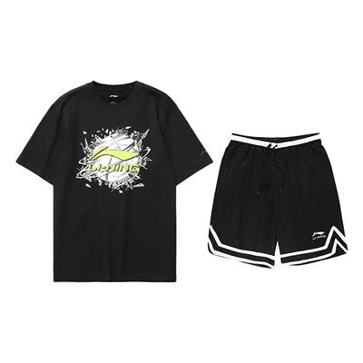 Li Ning Баскетбол Принт Круглый вырез Удобный Модный С коротким рукавом Повседневный Спортивный костюм Унисекс костюм Черный AHSUA05-2+YAPV001-1