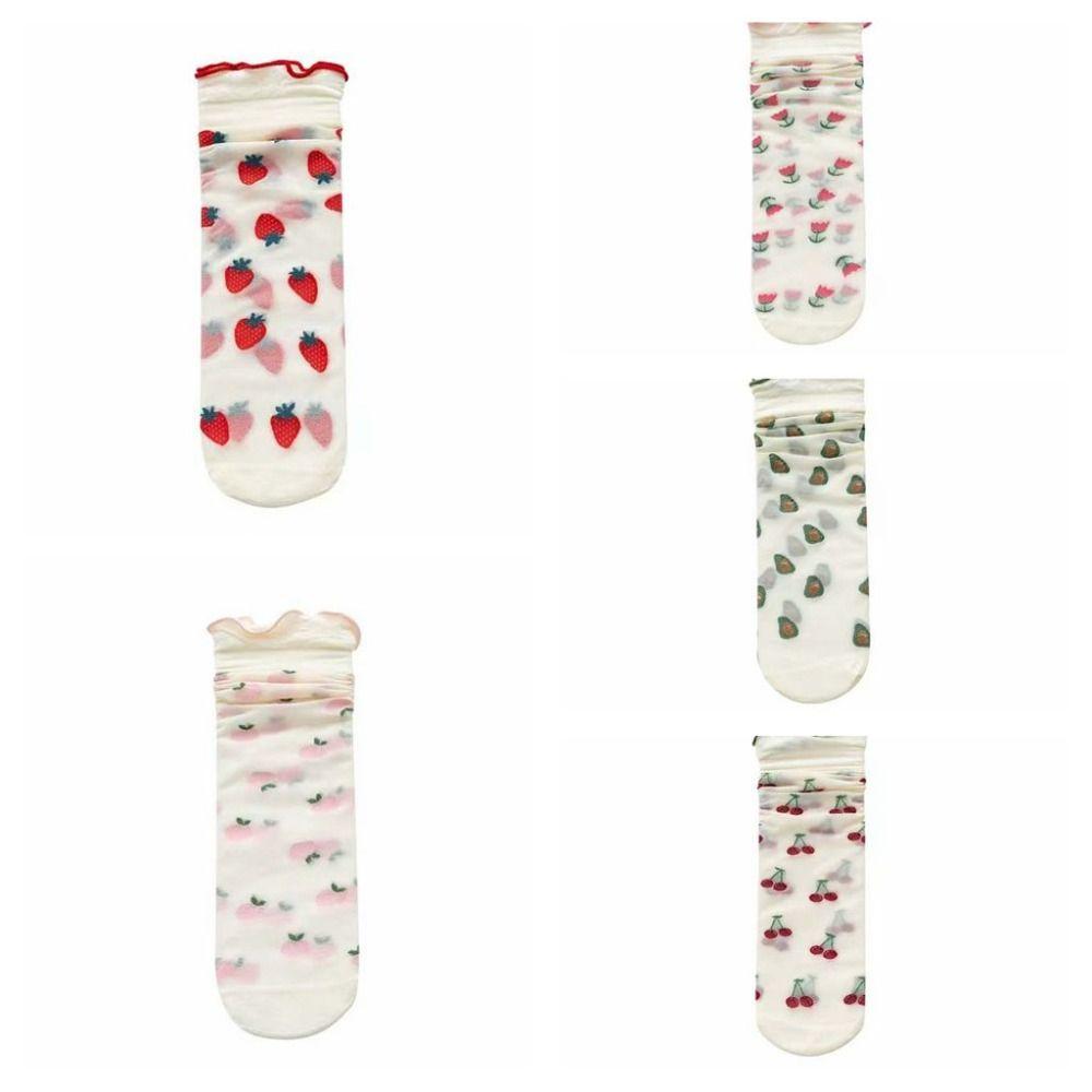 Cherry Transparent Flower Ruffle Socks Avocado Fruit Mesh Tulle Mid Tube Socks Streetwear