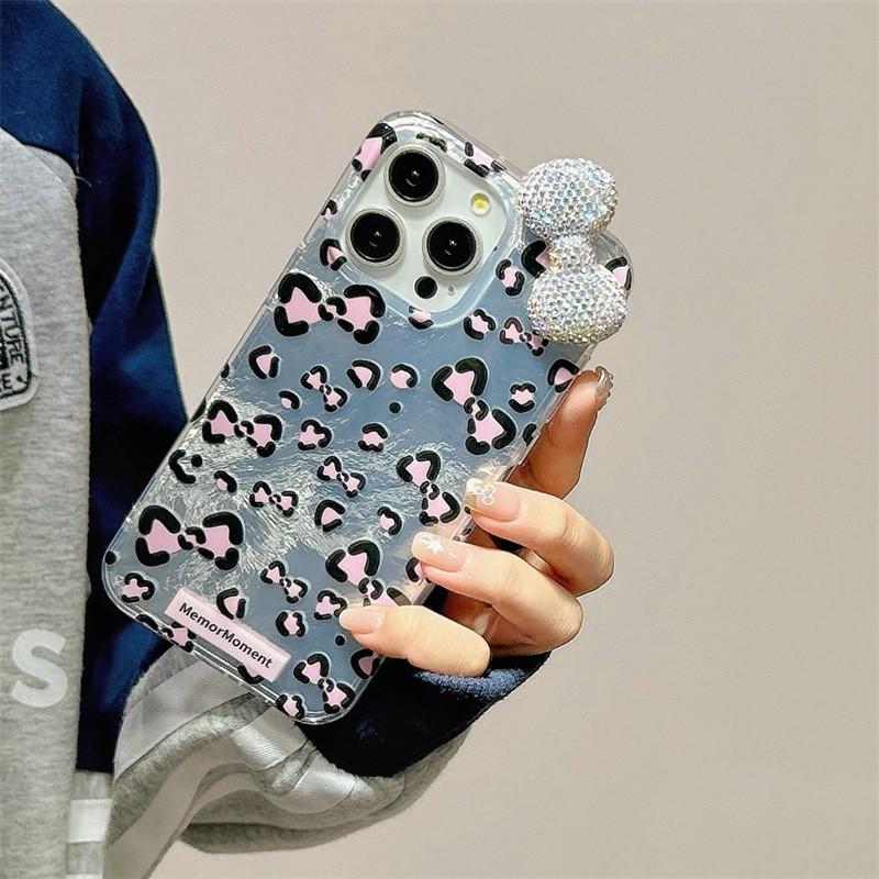 Чехол для телефона в корейском стиле с леопардовым принтом и 3D бантом для iPhone 15 Pro Max, противоударный, глянцевый, из поликарбоната, в цвете Or Pink