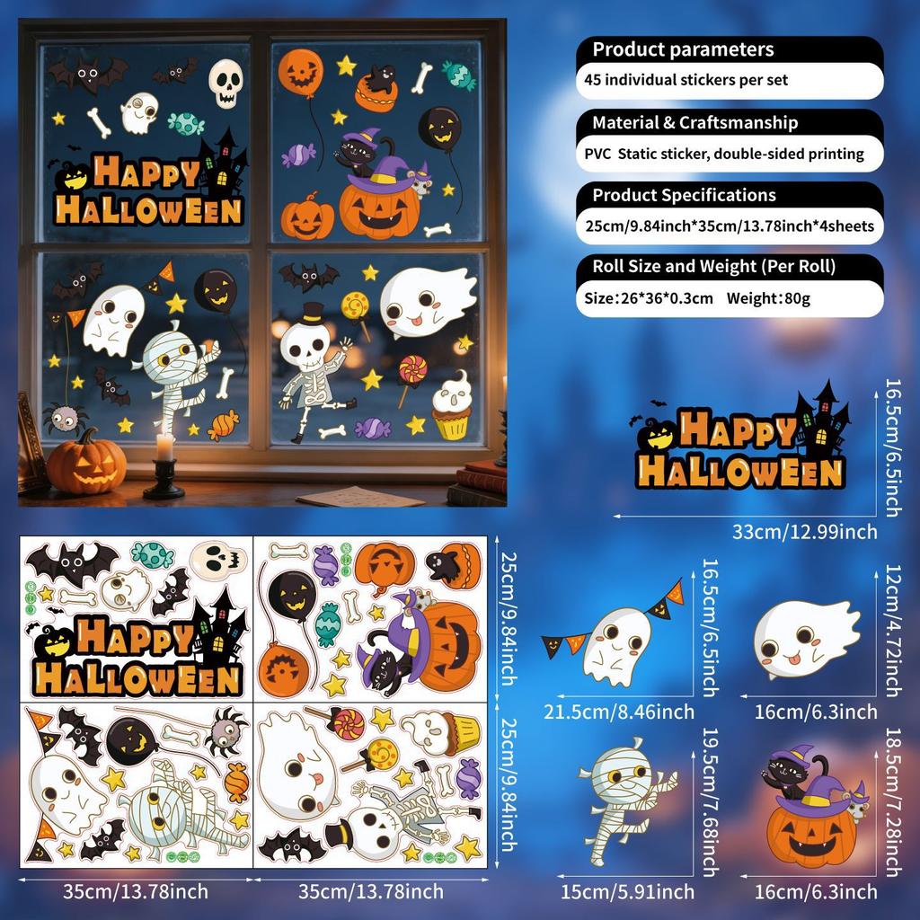 Cute cartoon Halloween window sticker children dress up pumpkin ghost bat static glass decorative sticker