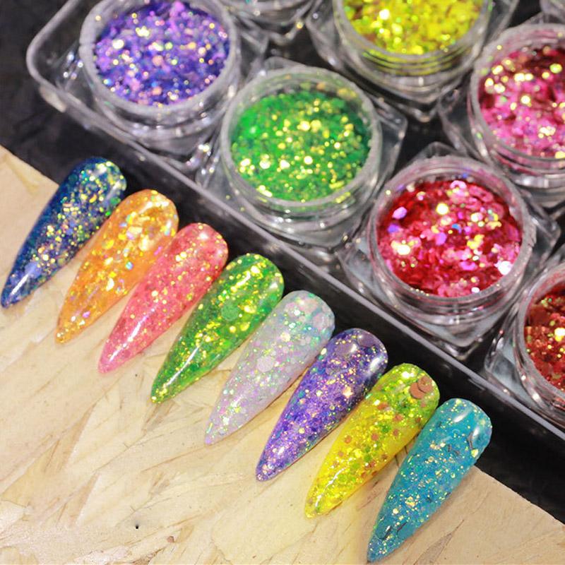 12 цветов/набор смешанных 3D ультратонких блестящих блесток для ногтей DIY хромированная пудра блестящая круглая толстая часть ослепительное украшение для маникюра