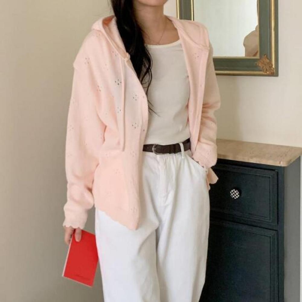 New Arrivals Open Run Scallop Punching Knit Spring Outer Cute Hoodie Cardigan