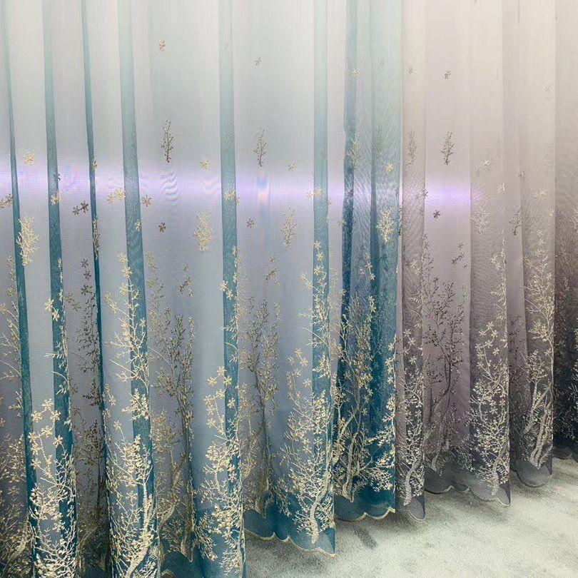 Flower Golden Embroidered Sheer Voile Curtain with Top Lace Valance, Suitable for Living Room, Bedroom, Kitchen Home Decor