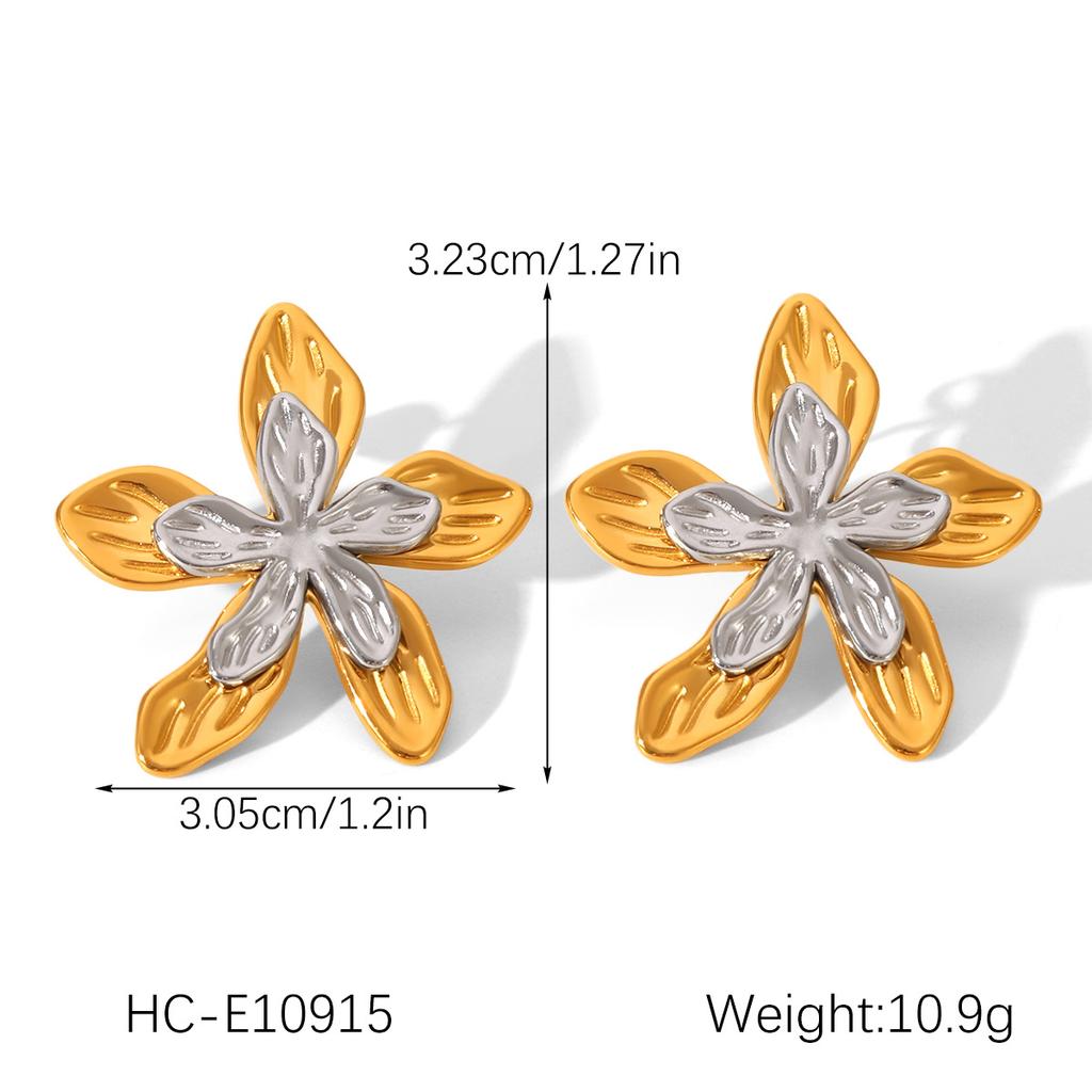 Stainless steel gold and silver color-block hammered pattern flower earrings, statement jewelry, versatile titanium steel studs