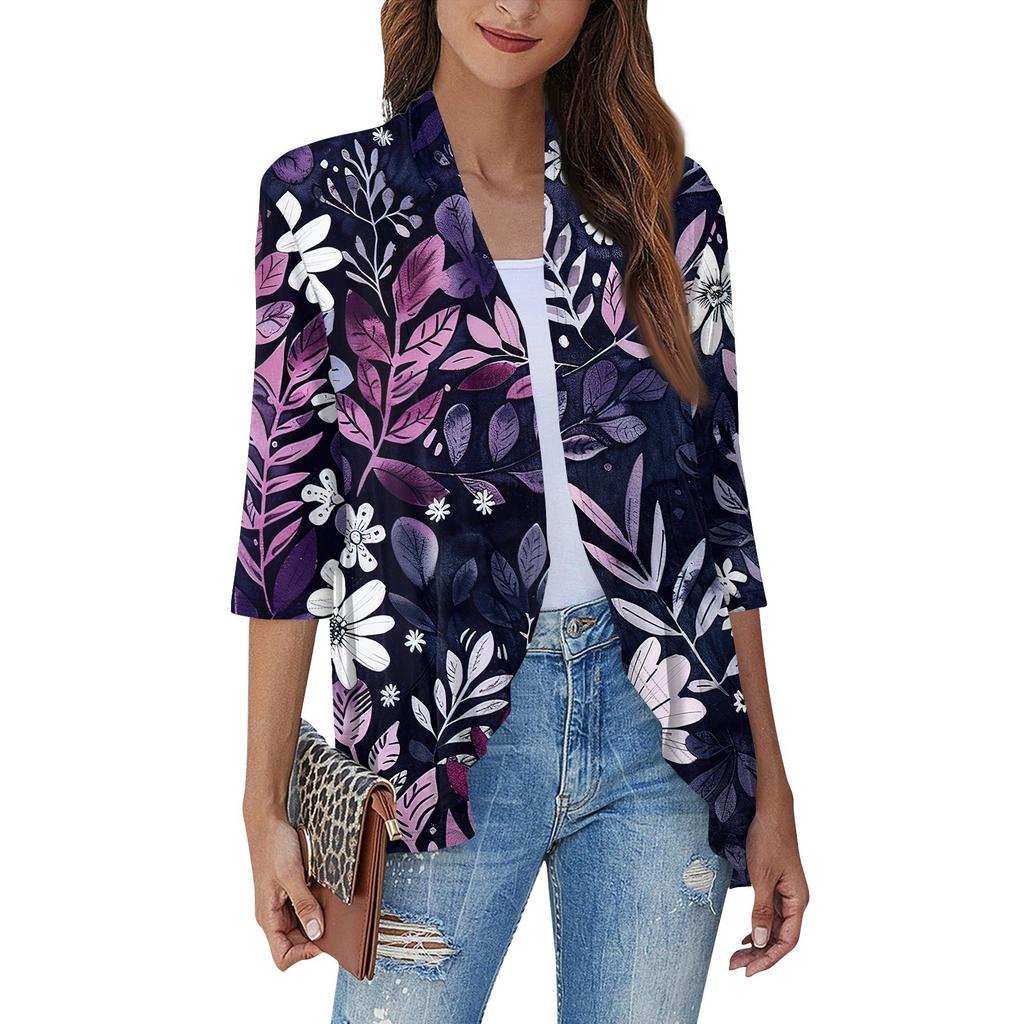 Women'S Casual Daily Cropped Sleeve Printed Shirt Top Soft Drape Ruffle Cardigan