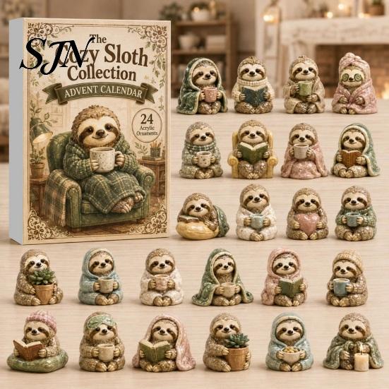 Unique Holiday Gifts Cute Sloth Advent Calendar, 24Pcs Acrylic 2D Ornament Set Christmas Countdown Calendar with Vintage Warm-Tone Designs,