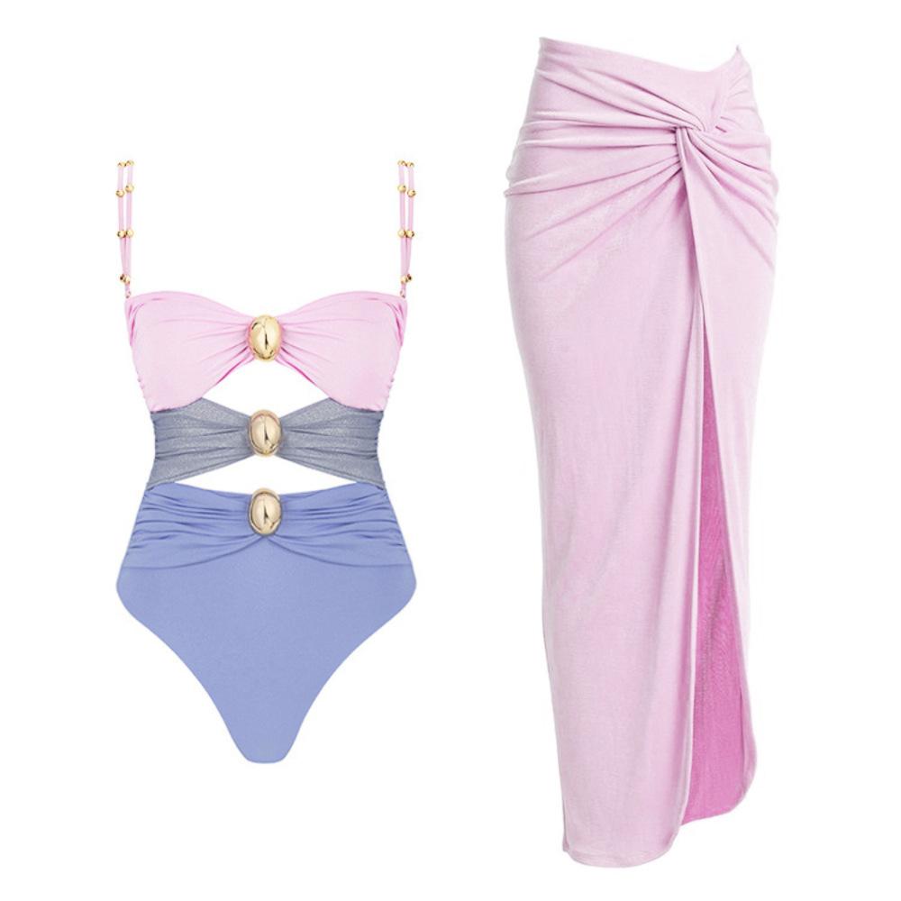1011 European and American new gold round buckle decorative three-color hollow splicing one-piece swimsuit women's suit