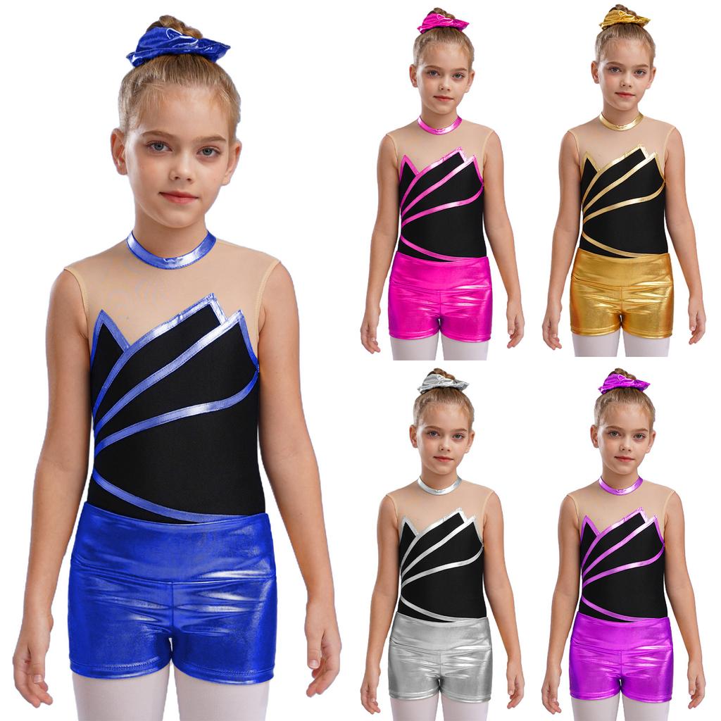 Girls Sports Set Sleeveless Patchwork Keyhole Back Leotard Metallic Shorts Hair Band Gymnastics Workout