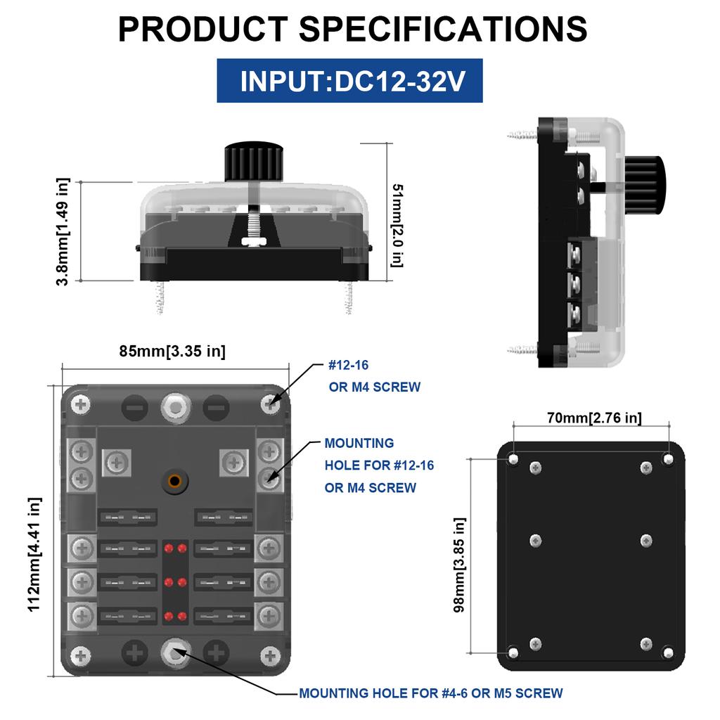Waterproof 12 Volt Fuse Block, 6 Way with 6 Ground Negative Busbar[100 Amp Max] [ATC/ATO Fuses] [LED Indicator] [2 Spare Fuse Slots] for Car Boat Etc.