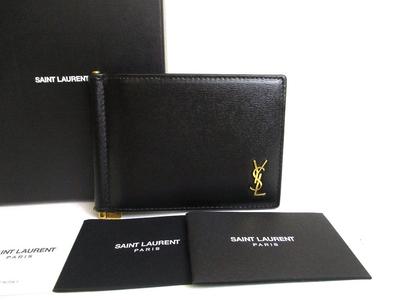 Оригинальный Saint Laurent Paris Черный Кожаный Золотой H/W Двустворчатый Кошелек для купюр #a850 Открытая коробка