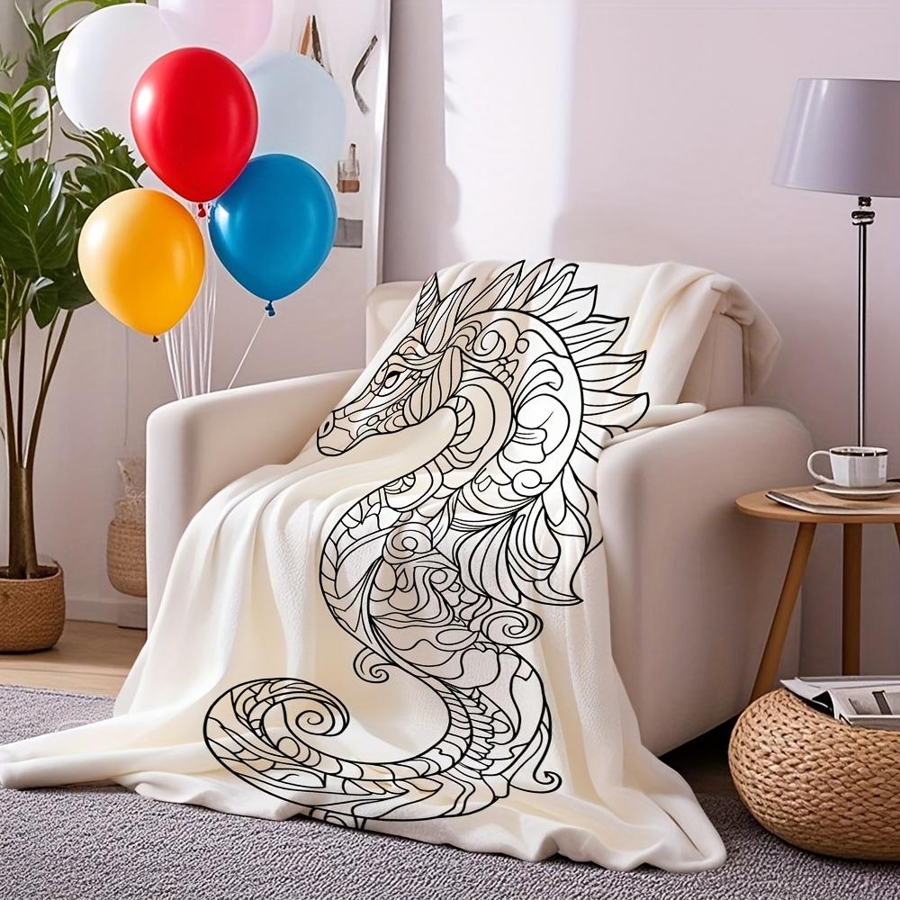 Большой Плед с Рисунком Единорога Мандала Линейный Рисунок Фантастическое Существо Уютный Плюш 150x200 см для Спальни Гостиной Домашний Декор