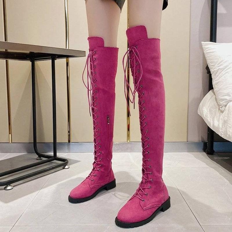 Lace-up Elegant with Low Heels Round Toe Thigh High Boots for Women Autumn Winter Gothic Biker Above Over The Knee Shoes Woman