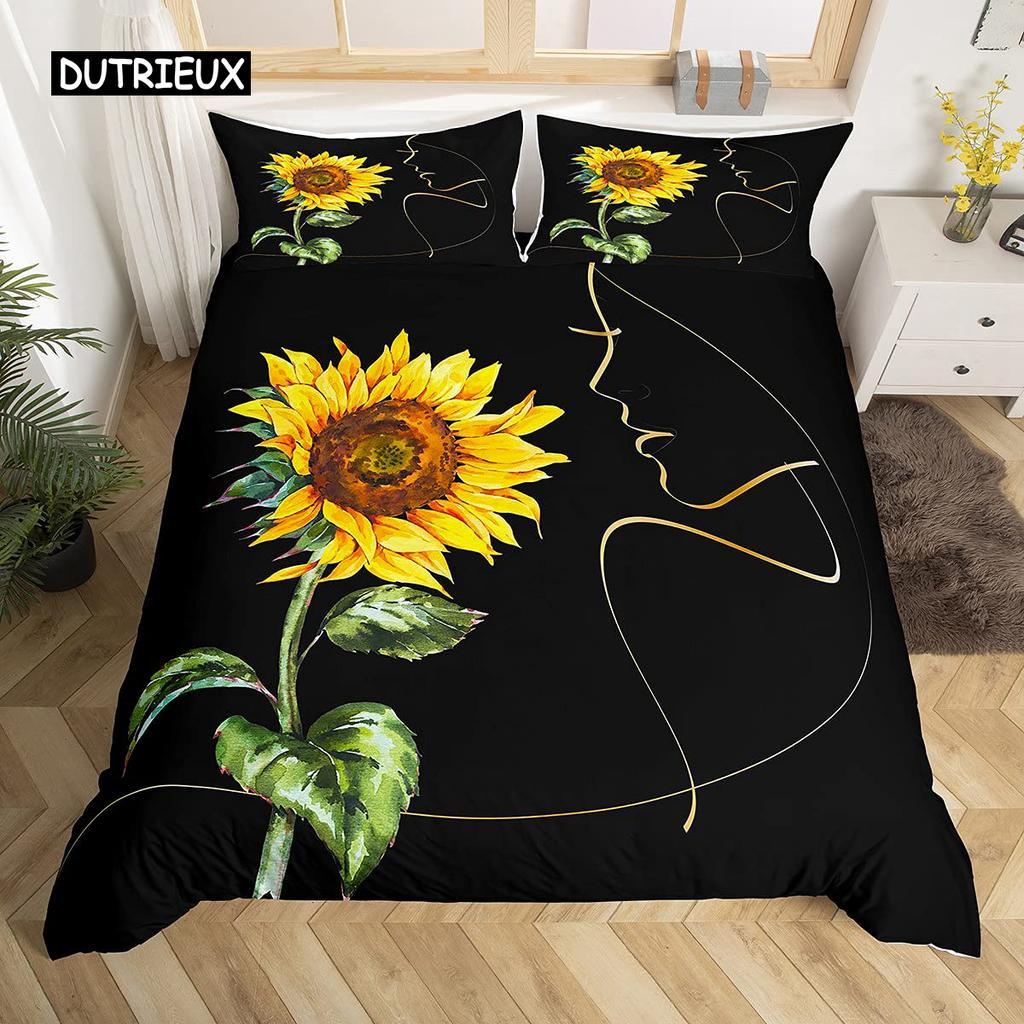 Комплект постельного белья с желтыми цветами Постельное белье с изображением подсолнухов Поля подсолнухов с напечатанными на них ботаническими цветами на закате Комплект постельного белья из полиэстера