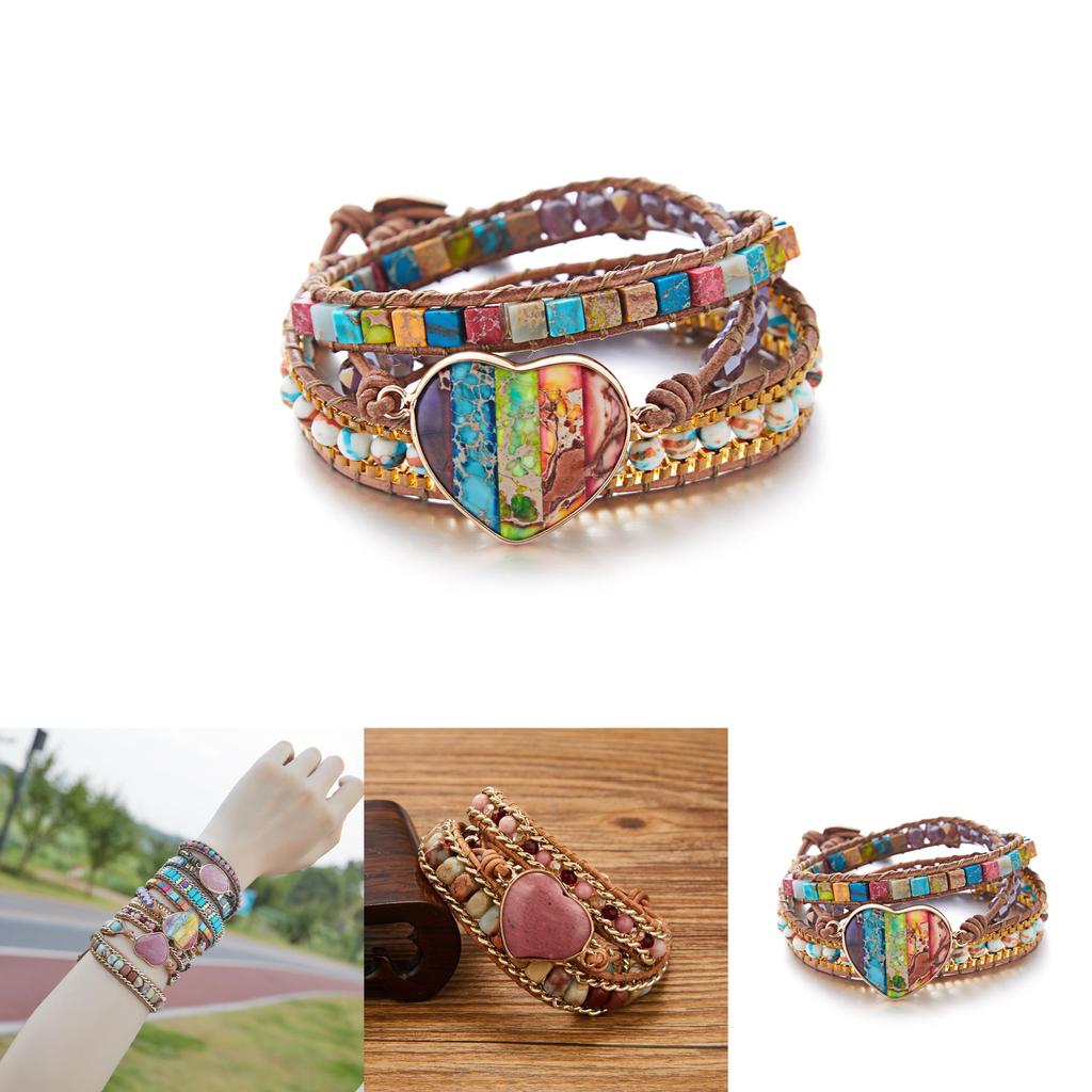 Three Layer Winding Leather Beaded Bracelet With Agate Stones For Women Gift