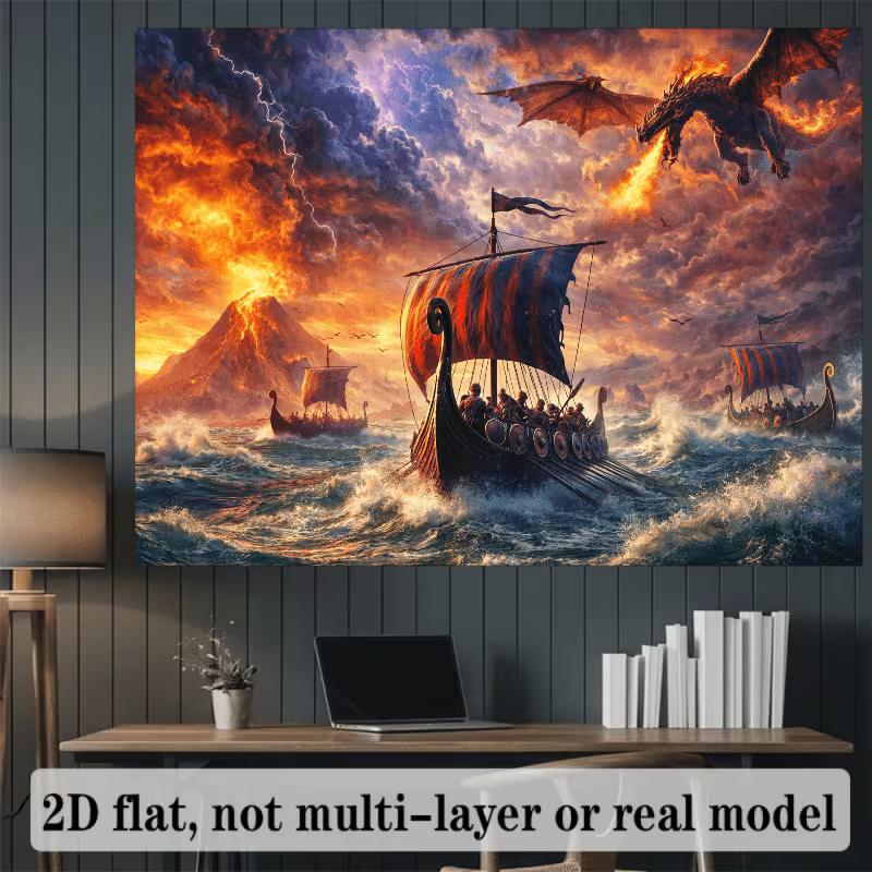 2D Volcano Dragon Viking Ocean Backdrop for Photoshoot