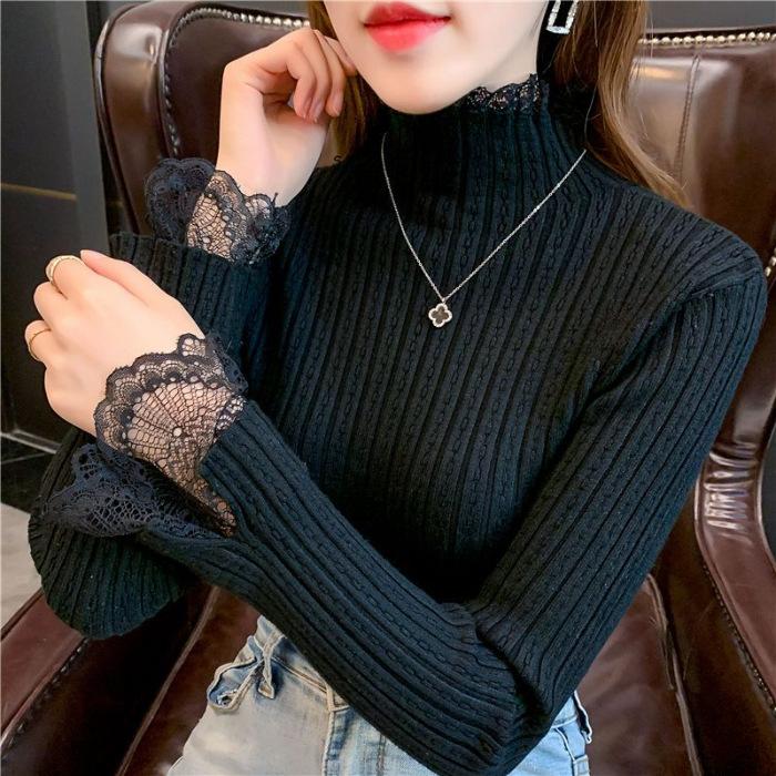 Осенне-зимний свитер с полувысоким воротом, дизайн Sense, кружевной трикотажный свитер со стразами, облегающий топ