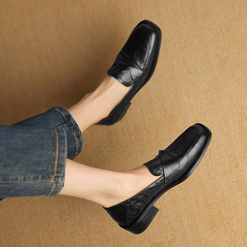 Krazing Pot Cow Leather Square Toe Thick Med Heels Spring Shoes Loafers Oxford Shoes Daily Wear Women Pumps