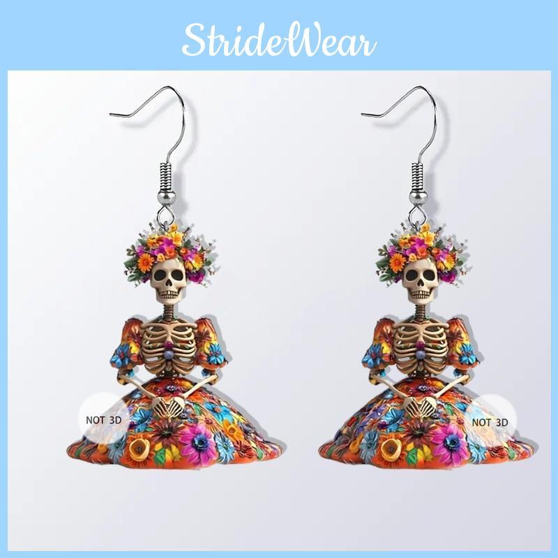 Halloween And Flower Skull Pattern Women Earrings For Festival Celebration