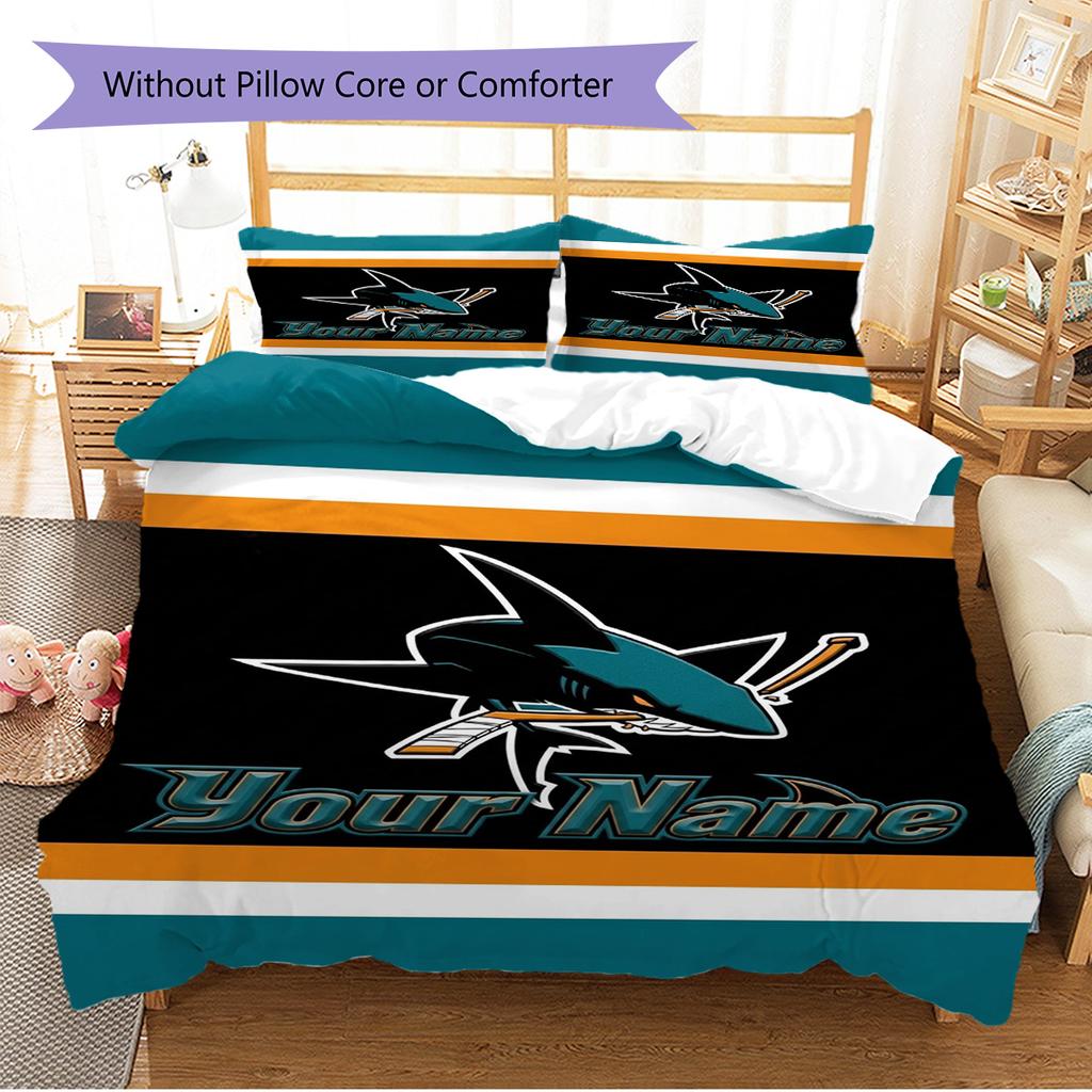 Name Custom San Jose Sharks Pattern Bedding Set Quilt Cover Pillowcase Home Decor Gift (1 * duvet cover + 2 * pillowcase, without core)