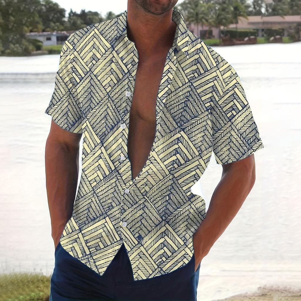 Men's Summer New Loose Print Short Sleeve Shirt Cardigan Beach Shirt