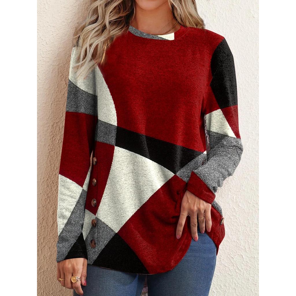 Spring Fashion Contrast Color Printing T-shirt Tops O-neck Long Sleeve Loose Casual Pullover Tee Oversized Women Clothing