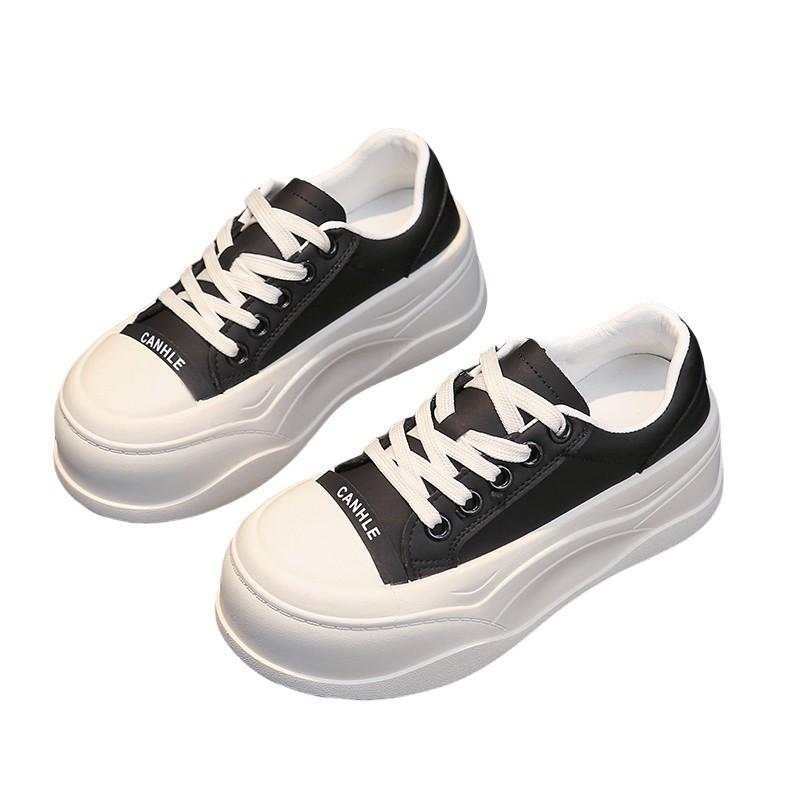 Muffin platform white shoes women's 2025 new round head lace-up fashionable versatile small height-increasing breadboard shoes