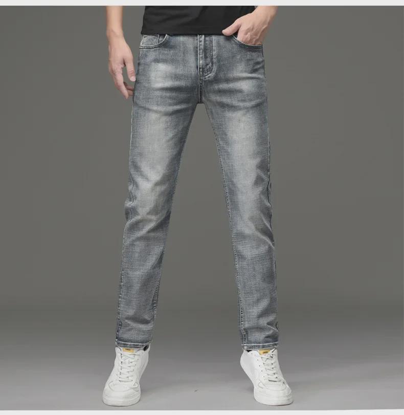 Мужские узкие прямые джинсы в стиле ретро серого цвета — плотные и стильные для осени/зимы