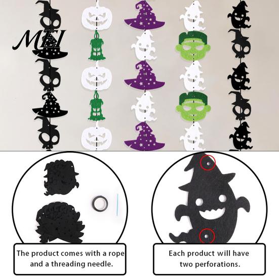 Non-woven Fabric Holiday Ornaments Halloween Party Felt Hanging Garland, Creepy Pumpkin Ghost Skull Witch Hat Living Room Wall Streamer, Horror Banner