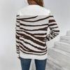 2025 Autumn/Winter Women's Zebra Print Color Block Sweater with Round Neck & Shoulder Buttons