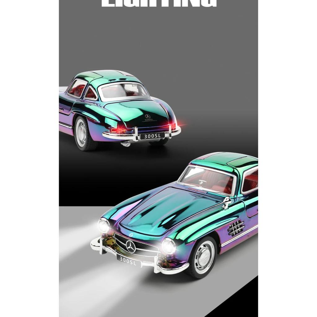 Классическая модель 1/32 Benz 300SL с гальваническим покрытием, литая из сплава, металлическая, со звуком и светом, инерционная игрушка, миниатюрный автомобиль, украшение, подарки