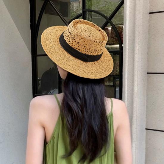 Женская летняя шляпа от солнца соломенная плетеная в стиле ретро в английском стиле с плоским верхом, сплошная цветная шляпа с широкими полями, защита от УФ-лучей, пляжная кепка для отпуска
