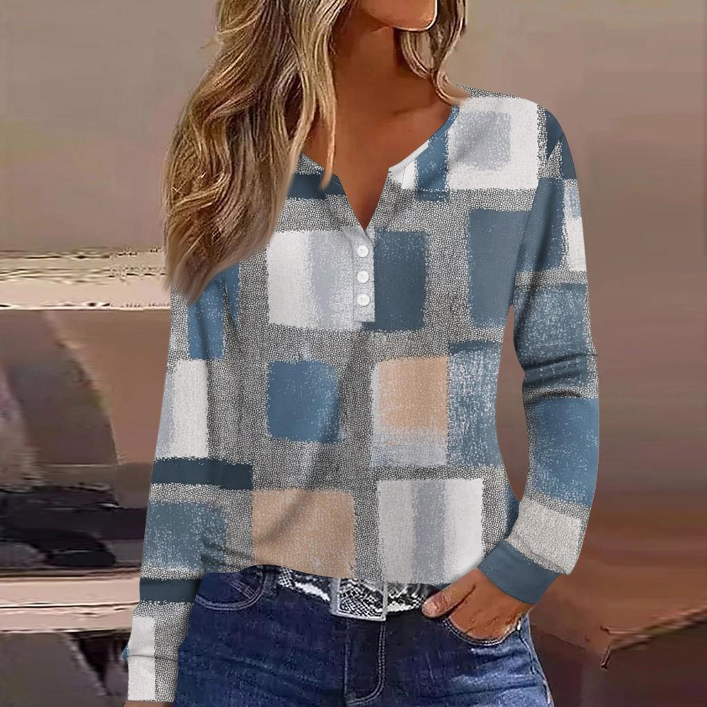 Жен. Футболка Футболка на пуговицах с длинным рукавом Повседневные Выходные Мода Классический Топ с v-образным вырезом Обычный